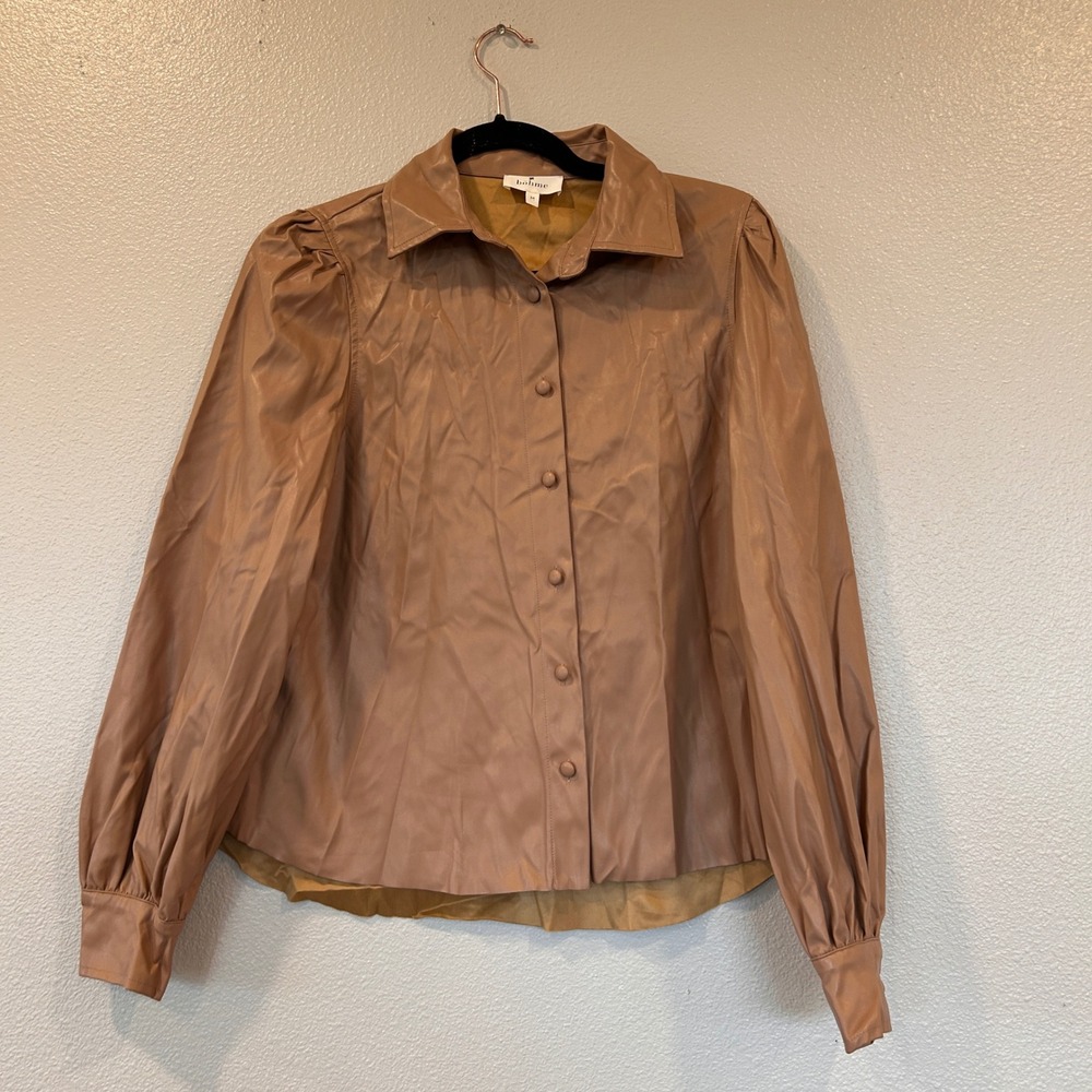 Bohme Camel Tan Faux Leather Puff Sleeve Button Down Blouse Women's Size M